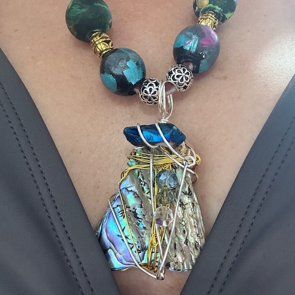 Handcrafted Abalone Shell Pendant Assemblage Art Mixed Media Necklace Leather - Picture 6 of 11